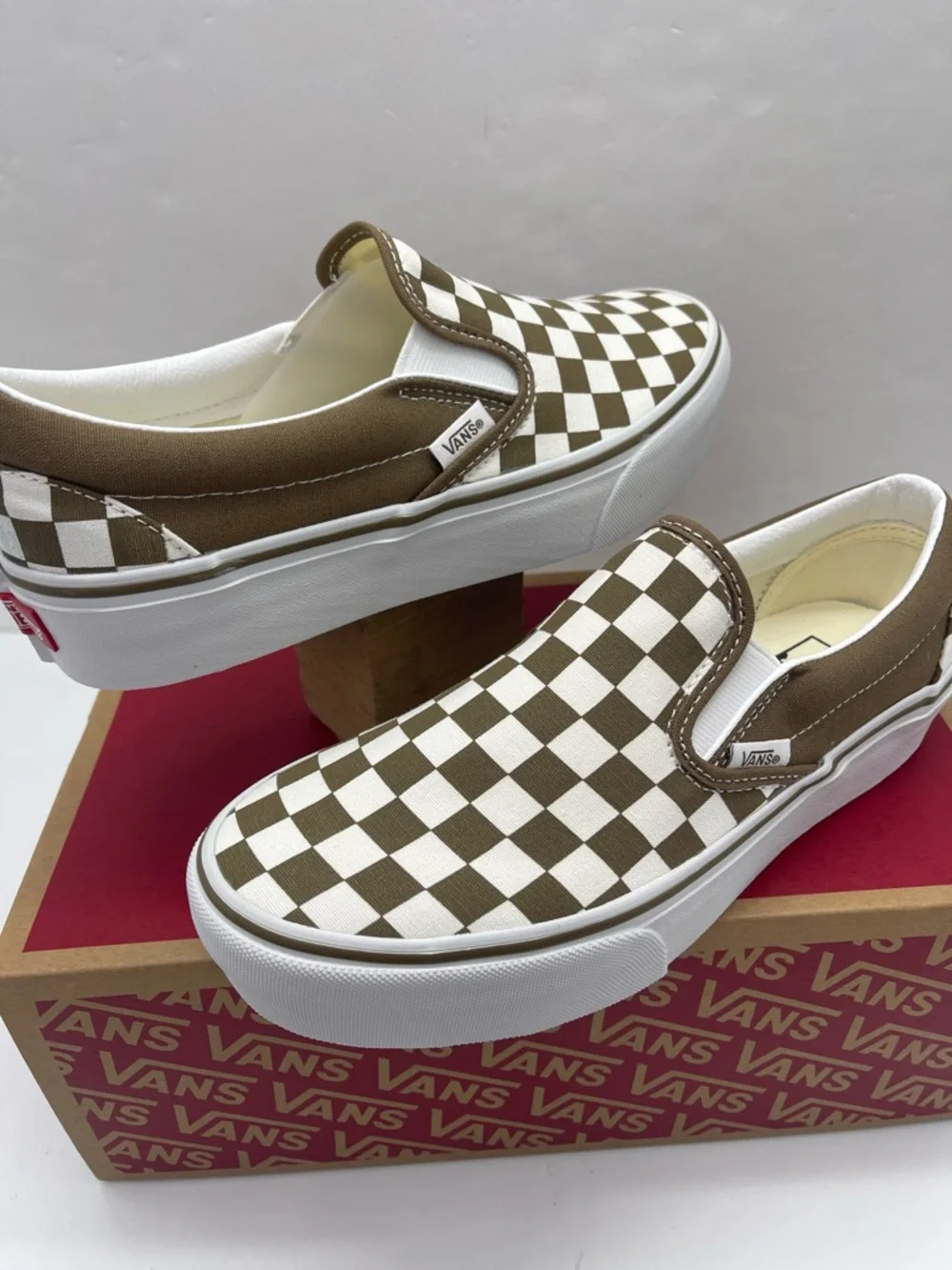 Vans Slip-On Platform Sneakers Checkerboard Sepia Brown VN00018E0E0 New - Picture 9 of 16